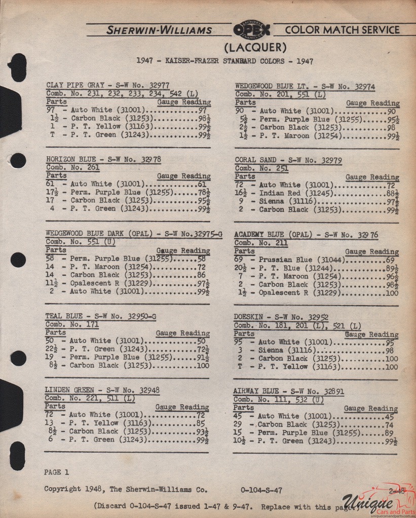 1947 Kaiser Paint Charts Williams 6